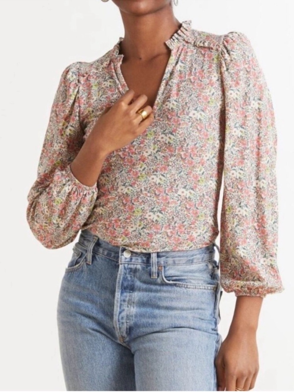 NATION LTD Claudine Yoked V-neck, long sleeve top in Super Bloom Print
